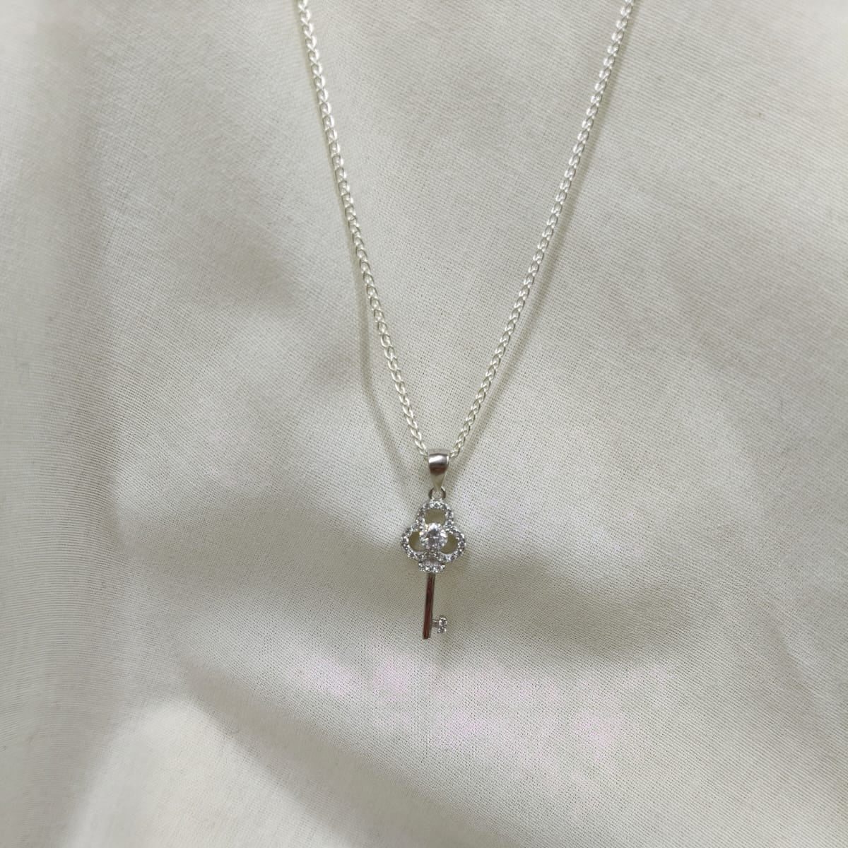 Sterling Silver Chain and Cubic Zirconia Key Pendant