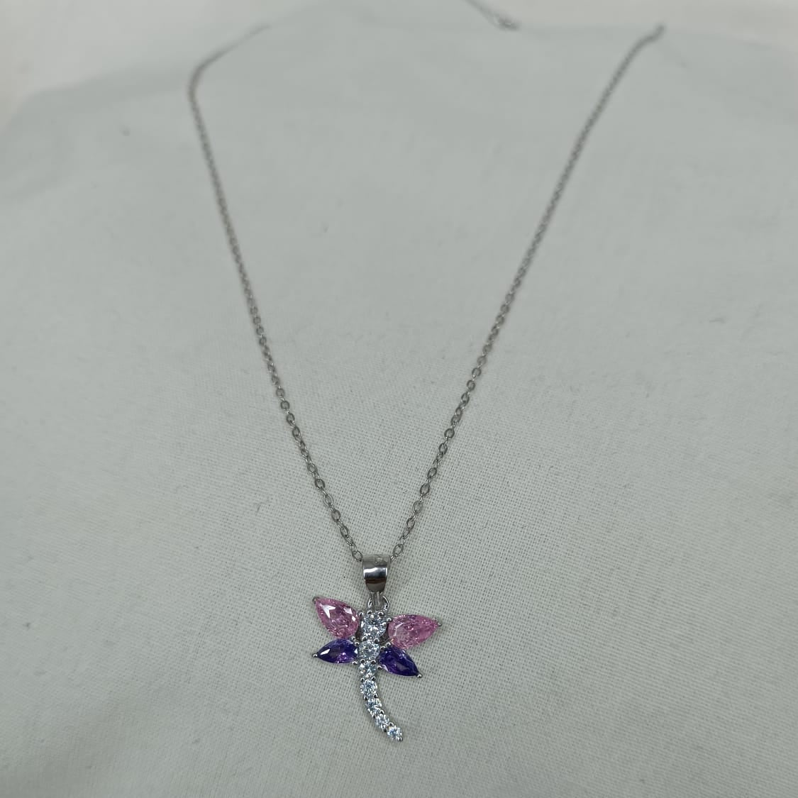 Sterling Silver Dragonfly Pendant with Coloured Cubic Zirconias on Chain