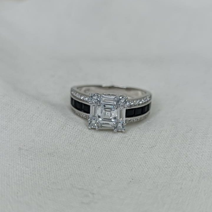 Sterling Silver Engagement Ring with white and black Cubic Zirconias
