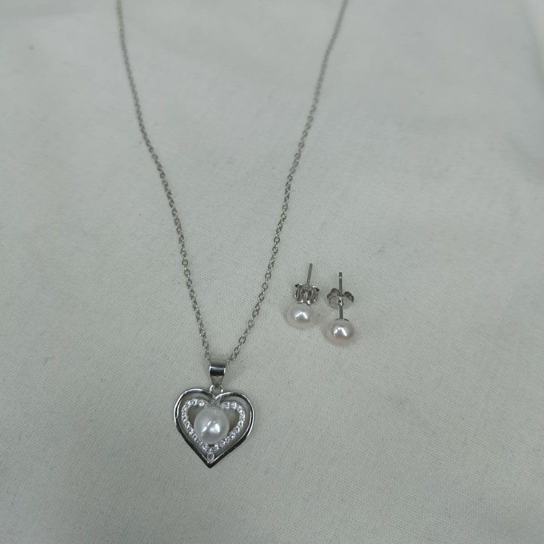 Sterling Silver Heart Pendant and Earrings with Pearls and Cubic Zirconias Set